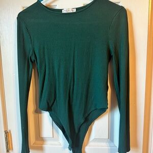 Shein Green Ribbed Long Sleeve Bodysuit